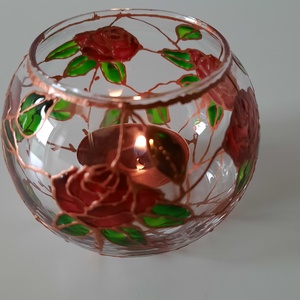 Suport lumanare, pictat cu trandafiri  - arte vizuale și accesorii  - picturi - pictură pe sticlă - Artynos.ro