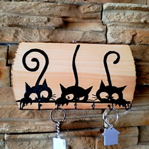 Suport de chei din lemn pentru perete cu trei pisici negre, Casa & Stil de viata, Decoratiuni de casa, Decoratiuni de pereti, Suport pentru chei, , ARTYNOS