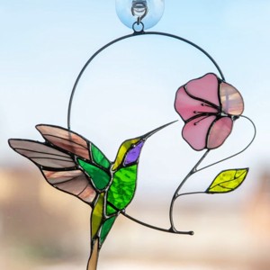 Colibri verde cu decor de fereastra hibiscus, , , ARTYNOS