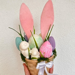 Cos cu oua si iepuras din ceara de soia - decor de sărbători - decorațiuni de paște - decor masă de paște - Artynos.ro