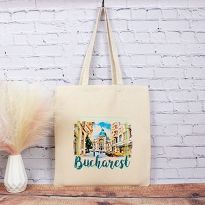 Sacosa din bumbac, suvenir, Palatul CEC Bucuresti (vedere din Centrul Vechi), Genti si portofele, Geanta pentru cumparaturi, Totebaguri, Fotografie, grafica, desen, ilustratie, Tesatura, ARTYNOS