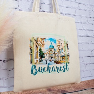 Sacosa din bumbac, suvenir, Palatul CEC Bucuresti (vedere din Centrul Vechi) - genți și portofele - geantă pentru cumpărături - totebaguri - Artynos.ro