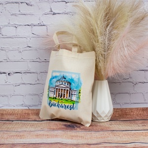 Sacosa din bumbac, suvenir, Ateneul Roman, Bucuresti, dimensiune 22 x 26 cm - genți și portofele - geantă pentru cumpărături - totebaguri - Artynos.ro