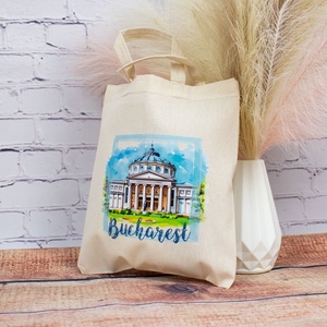 Sacosa din bumbac, suvenir, Ateneul Roman, Bucuresti, dimensiune 22 x 26 cm, Genti si portofele, Geanta pentru cumparaturi, Totebaguri, Fotografie, grafica, desen, ilustratie, Tesatura, ARTYNOS