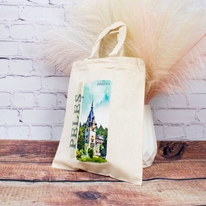 Sacosa din bumbac, suvenir, Castelul Peles, dimensiune 22 x 26 cm, Genti si portofele, Geanta pentru cumparaturi, Totebaguri, Fotografie, grafica, desen, ilustratie, Tesatura, ARTYNOS