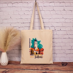Sacosa din bumbac, suvenir, Turnul Sfatului, Sibiu, Genti si portofele, Geanta pentru cumparaturi, Totebaguri, Fotografie, grafica, desen, ilustratie, Tesatura, ARTYNOS