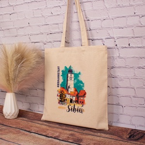 Sacosa din bumbac, suvenir, Turnul Sfatului, Sibiu - genți și portofele - geantă pentru cumpărături - totebaguri - Artynos.ro