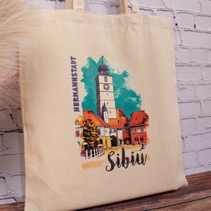 Sacosa din bumbac, suvenir, Turnul Sfatului, Sibiu - genți și portofele - geantă pentru cumpărături - totebaguri - Artynos.ro