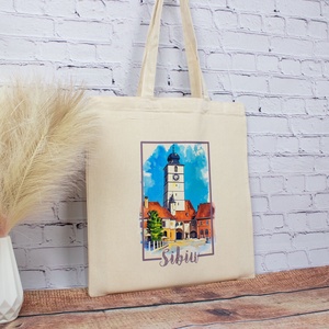 Sacosa din bumbac, suvenir, Turnul Sfatului, Sibiu - genți și portofele - geantă pentru cumpărături - totebaguri - Artynos.ro