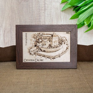 Tablou suvenir, din lemn, gravat, Cetatea Calnic, judetul Alba, dimensiune 10/15 cm, rama inclusa, Casa & Stil de viata, Decoratiuni de casa, Picturi murale, Arta de perete din lemn, Fotografie, grafica, desen, ilustratie, Gravare, pirogravura, ARTYNOS