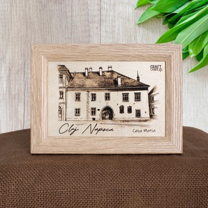 Tablou suvenir din lemn, gravat, Casa Matia, Cluj Napoca, dimensiune 10/15, rama inclusa, Casa & Stil de viata, Decoratiuni de casa, Picturi murale, Arta de perete din lemn, Fotografie, grafica, desen, ilustratie, Gravare, pirogravura, ARTYNOS