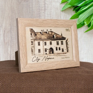 Tablou suvenir din lemn, gravat, Casa Matia, Cluj Napoca, dimensiune 10/15, rama inclusa - casă & stil de viață - decorațiuni de casă - picturi murale - artă de perete din lemn - Artynos.ro