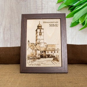Tablou suvenir din lemn, gravat, Turnul Sfatului, Sibiu, dimensiune 13/18, rama inclusa, Casa & Stil de viata, Decoratiuni de casa, Picturi murale, Arta de perete din lemn, Fotografie, grafica, desen, ilustratie, Gravare, pirogravura, ARTYNOS