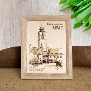 Tablou suvenir din lemn, gravat, Turnul Sfatului, Sibiu, dimensiune 15/20, rama inclusa, Casa & Stil de viata, Decoratiuni de casa, Picturi murale, Arta de perete din lemn, Fotografie, grafica, desen, ilustratie, Gravare, pirogravura, ARTYNOS