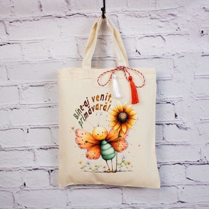 Sacoșă mărțișor textilă din bumbac, 22 � 26 cm � Fluturași de primăvară - bijuterii - mărțișor - Artynos.ro