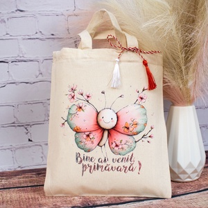 Sacoșă mărțișor textilă din bumbac, 22 � 26 cm � Fluturaș Bine ai venit primavara - bijuterii - mărțișor - Artynos.ro