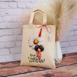 Sacosa martisor textila din bumbac, 22 � 26 cm � Fetita cu flori, Bijuterii, Martisor, Fotografie, grafica, desen, ilustratie, Tesatura, ARTYNOS