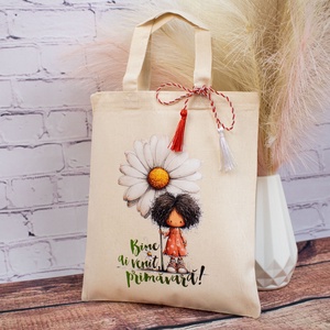 Sacoșă mărțișor textilă din bumbac, 22 � 26 cm � Fetița cu flori - bijuterii - mărțișor - Artynos.ro