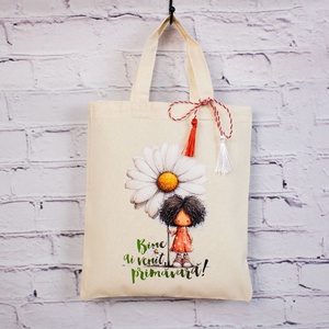 Sacoșă mărțișor textilă din bumbac, 22 � 26 cm � Fetița cu flori - bijuterii - mărțișor - Artynos.ro