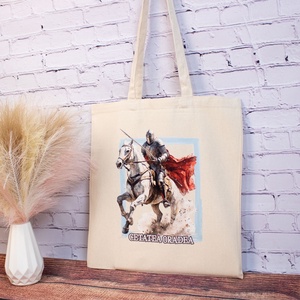 Sacosa din bumbac, suvenir, Cavaler medieval, Cetatea Oradea - genți și portofele - geantă pentru cumpărături - totebaguri - Artynos.ro