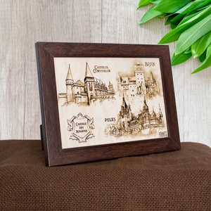 Tablou suvenir din lemn, gravat, Castele din Romania, dimensiune 13/18, rama inclusa - casă & stil de viață - decorațiuni de casă - picturi murale - artă de perete din lemn - Artynos.ro