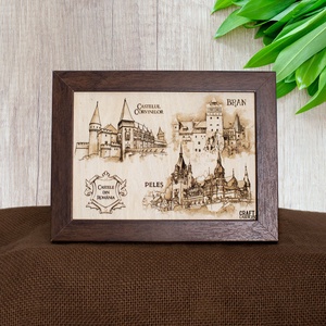 Tablou suvenir din lemn, gravat, Castele din Romania, dimensiune 13/18, rama inclusa, Casa & Stil de viata, Decoratiuni de casa, Picturi murale, Arta de perete din lemn, Fotografie, grafica, desen, ilustratie, Gravare, pirogravura, ARTYNOS
