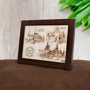 Tablou suvenir din lemn, gravat, Castele din Romania, dimensiune 13/18, rama inclusa - casă & stil de viață - decorațiuni de casă - picturi murale - artă de perete din lemn - Artynos.ro