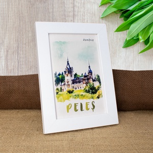 Tablou suvenir, din lemn, acuarela, Castelul Peles, dimensiune 10/15 cm, rama inclusa - casă & stil de viață - decorațiuni de casă - picturi murale - artă de perete din lemn - Artynos.ro