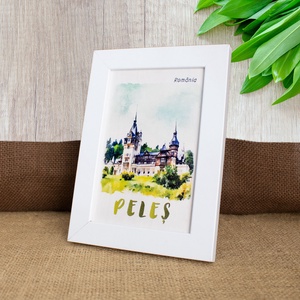 Tablou suvenir, din lemn, acuarela, Castelul Peles, dimensiune 10/15 cm, rama inclusa - casă & stil de viață - decorațiuni de casă - picturi murale - artă de perete din lemn - Artynos.ro