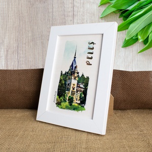 Tablou suvenir, din lemn, acuarela, Castelul Peles, dimensiune 10/15 cm, rama inclusa - casă & stil de viață - decorațiuni de casă - picturi murale - artă de perete din lemn - Artynos.ro