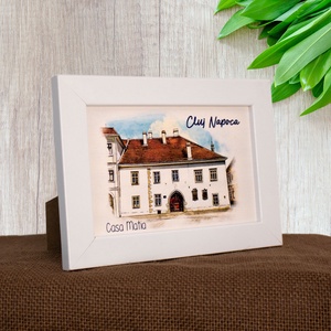 Tablou suvenir, din lemn, acuarela, Casa Matia, Cluj Napoca, dimensiune 10/15 cm, rama inclusa - casă & stil de viață - decorațiuni de casă - picturi murale - artă de perete din lemn - Artynos.ro