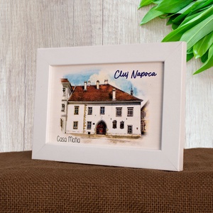 Tablou suvenir, din lemn, acuarela, Casa Matia, Cluj Napoca, dimensiune 10/15 cm, rama inclusa - casă & stil de viață - decorațiuni de casă - picturi murale - artă de perete din lemn - Artynos.ro