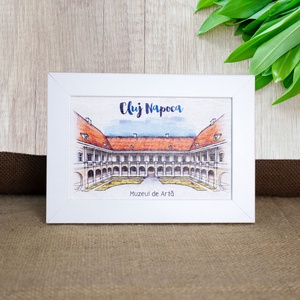 Tablou suvenir din lemn, acuarela, Curtea Interioara Muzeul de Arta Cluj Napoca, dimensiune 10/15, rama inclusa, Casa & Stil de viata, Decoratiuni de casa, Picturi murale, Arta de perete din lemn, Fotografie, grafica, desen, ilustratie, Obiecte pictate, ARTYNOS