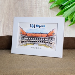 Tablou suvenir din lemn, acuarela, Curtea Interioara Muzeul de Arta Cluj Napoca, dimensiune 10/15, rama inclusa - casă & stil de viață - decorațiuni de casă - picturi murale - artă de perete din lemn - Artynos.ro