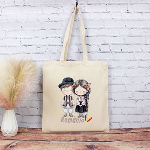 Sacosa din bumbac, suvenir, Romancuta si romanas � din Romania noastra, Genti si portofele, Geanta pentru cumparaturi, Totebaguri, Fotografie, grafica, desen, ilustratie, Tesatura, ARTYNOS