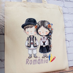 Sacosa din bumbac, suvenir, Româncuță și românaș � din România noastră - genți și portofele - geantă pentru cumpărături - totebaguri - Artynos.ro