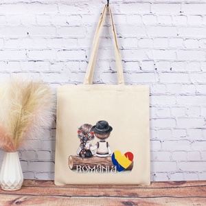 Sacosa din bumbac, suvenir, Romancuta si romanas � din locuri traite, Genti si portofele, Geanta pentru cumparaturi, Totebaguri, Fotografie, grafica, desen, ilustratie, Tesatura, ARTYNOS