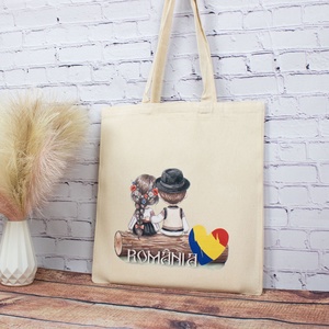 Sacosa din bumbac, suvenir, Româncuță și românaș � din locuri trăite - genți și portofele - geantă pentru cumpărături - totebaguri - Artynos.ro