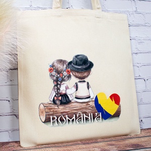 Sacosa din bumbac, suvenir, Româncuță și românaș � din locuri trăite - genți și portofele - geantă pentru cumpărături - totebaguri - Artynos.ro