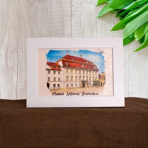 Tablou suvenir din lemn, acuarela, Muzeul National Brukenthal Sibiu, dimensiune 10 x15 cm, rama inclusa, Casa & Stil de viata, Decoratiuni de casa, Picturi murale, Arta de perete din lemn, Fotografie, grafica, desen, ilustratie, Obiecte pictate, ARTYNOS