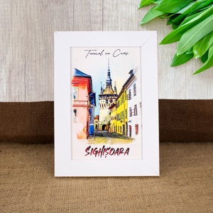 Tablou suvenir, din lemn, acuarela, Turnul cu ceas Sighisoara, dimensiune 10 x15 cm, rama inclusa, Casa & Stil de viata, Decoratiuni de casa, Picturi murale, Arta de perete din lemn, Fotografie, grafica, desen, ilustratie, Obiecte pictate, ARTYNOS