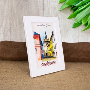 Tablou suvenir, din lemn, acuarela, Turnul cu ceas Sighisoara, dimensiune 10 x15 cm, rama inclusa - casă & stil de viață - decorațiuni de casă - picturi murale - artă de perete din lemn - Artynos.ro