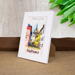Tablou suvenir, din lemn, acuarela, Turnul cu ceas Sighisoara, dimensiune 10 x15 cm, rama inclusa - casă & stil de viață - decorațiuni de casă - picturi murale - artă de perete din lemn - Artynos.ro