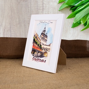 Tablou suvenir, din lemn, acuarela, Turnul cu ceas Sighisoara, dimensiune 10 x15 cm, rama inclusa - casă & stil de viață - decorațiuni de casă - picturi murale - artă de perete din lemn - Artynos.ro