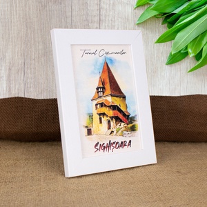 Tablou suvenir, din lemn, acuarela, Turnul Cizmarilor Sighisoara, dimensiune 10 x15 cm, rama inclusa - casă & stil de viață - decorațiuni de casă - picturi murale - artă de perete din lemn - Artynos.ro