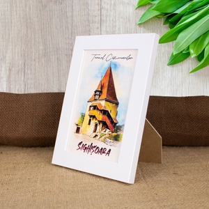 Tablou suvenir, din lemn, acuarela, Turnul Cizmarilor Sighisoara, dimensiune 10 x15 cm, rama inclusa - casă & stil de viață - decorațiuni de casă - picturi murale - artă de perete din lemn - Artynos.ro