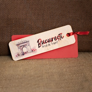 Semn De Carte suvenir din lemn, acuarela vintage, Arcul de Triumf Bucuresti - cărți și creații cu tematică muzicală, cadouri - semn de carte - Artynos.ro