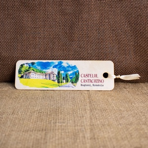 Semn de carte suvenir, din lemn, acuarela, Castelul Cantacuzino, Busteni - Artynos.ro