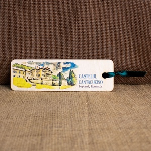 Semn de carte suvenir, din lemn, acuarela, Castelul Cantacuzino, Busteni - Artynos.ro