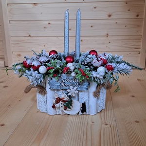 Aranjament Craciun cu doua lumanari, in ghiveci rustic din lemn , 3611 - accesorii de crăciun - decorațiuni de crăciun de casă - aranjarea mesei festive - Artynos.ro